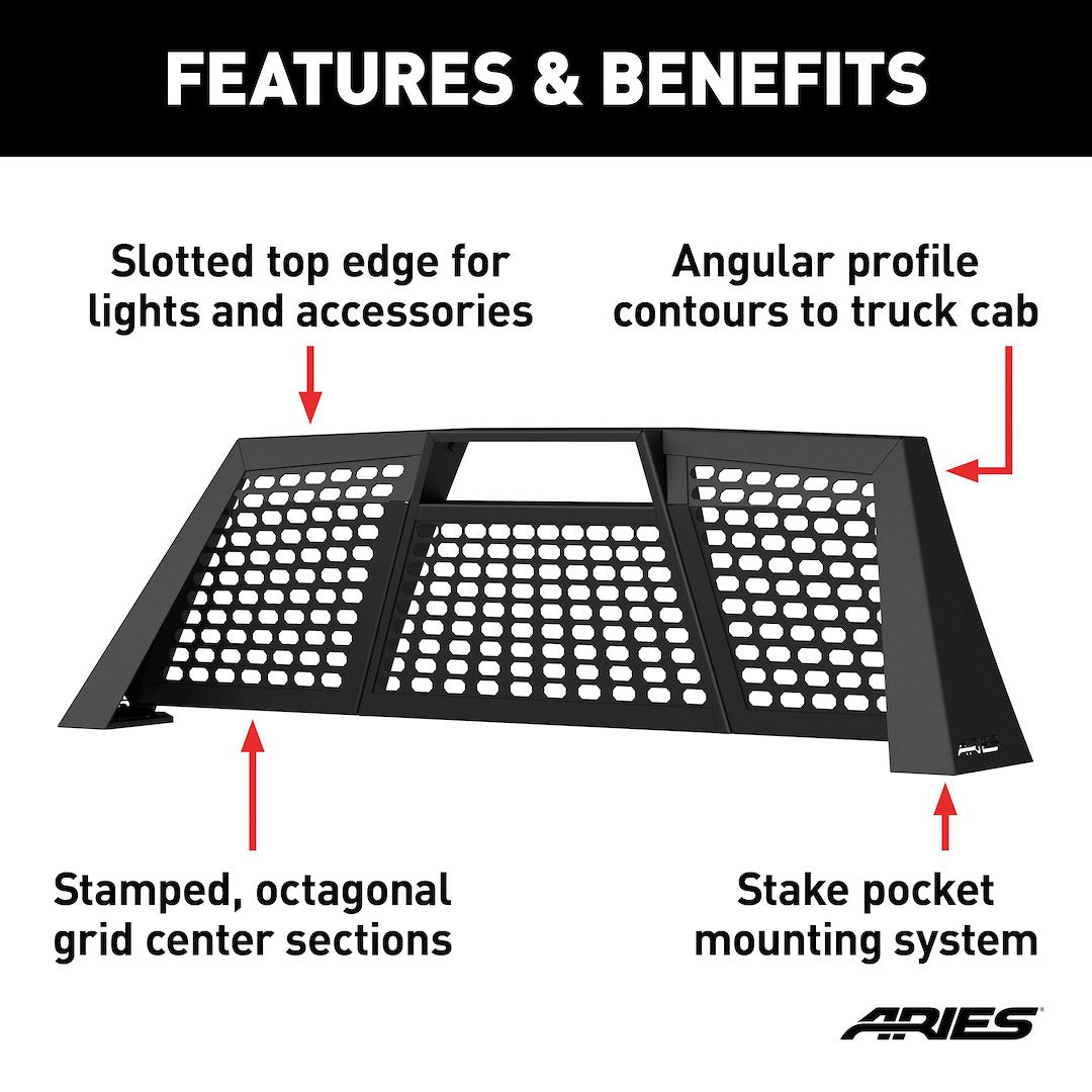 Product of Aries 1110117 Bolt-On Black Carbide Powder Coated Octagonal Grid Mesh Headache Rack 