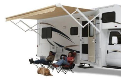 Product of Carefree RV QJ148D8D RV Patio Electric/ Manual Awning , Black/ Gray Dune Stripes 
