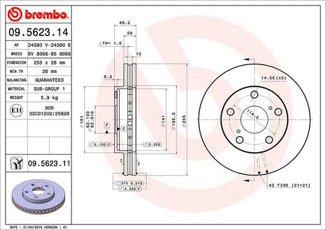 Product of Brembo 09562311C02 Vented 1 Piece Brake Rotor 