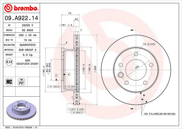 Product of Brembo 09A92214C02 Vented 1 Piece Brake Rotor 
