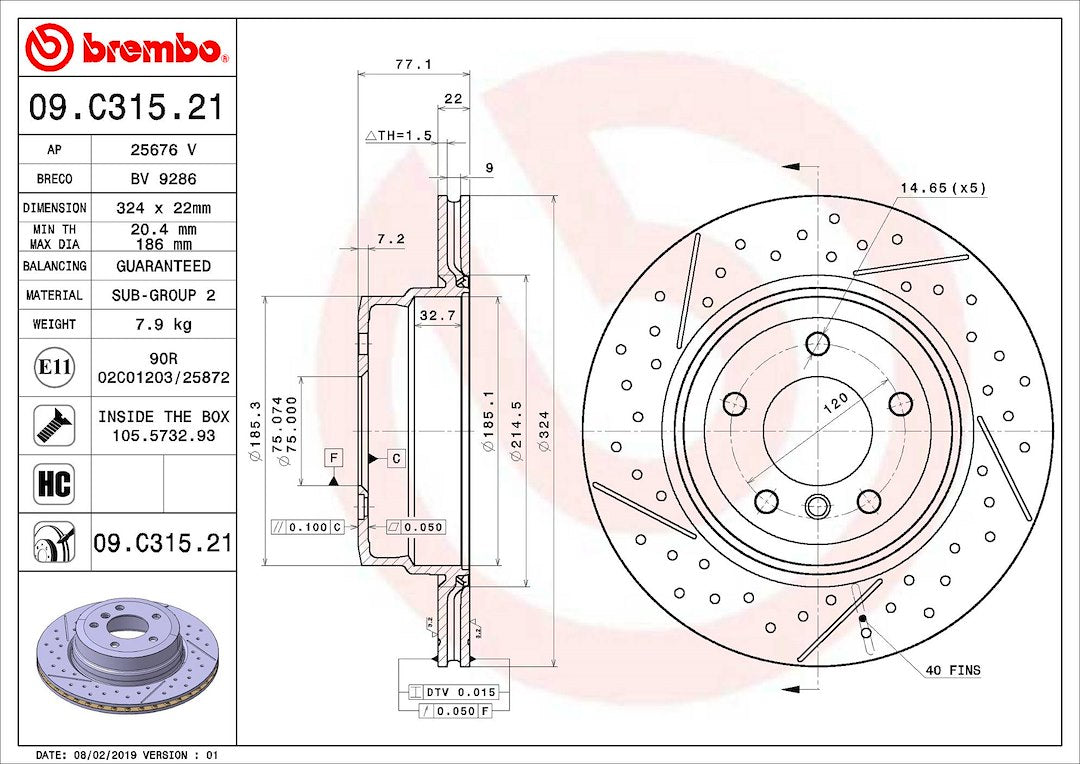 Product of Brembo 09C31521C02 Vented Cross Drilled 1 Piece Brake Rotor 