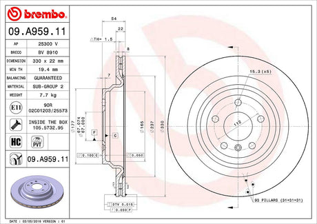 Product of Brembo 09A95911C02 Vented 1 Piece Brake Rotor 