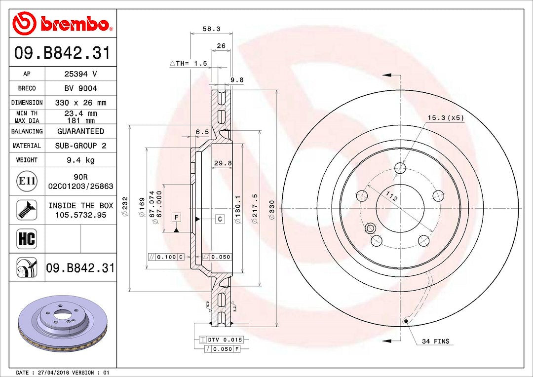 Product of Brembo 09B84231C02 Vented 1 Piece Brake Rotor 
