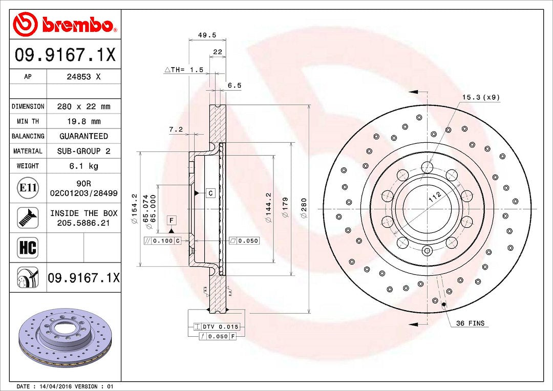 Product of Brembo 0991671XC02 Xtra Vented Cross Drilled 1 Piece Brake Rotor 