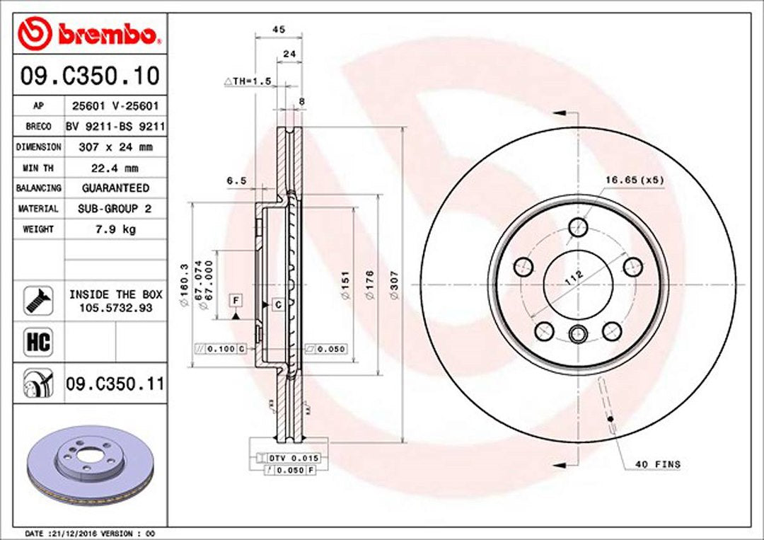 Product of Brembo 09C35011C02 Vented 1 Piece Brake Rotor 