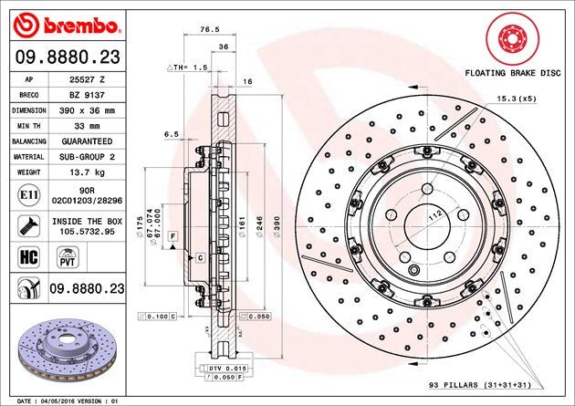 Product of Brembo 09888023C02 Vented Cross Drilled 1 Piece Brake Rotor 
