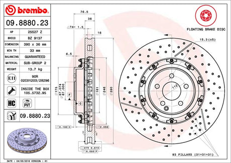 Product of Brembo 09888023C02 Vented Cross Drilled 1 Piece Brake Rotor 