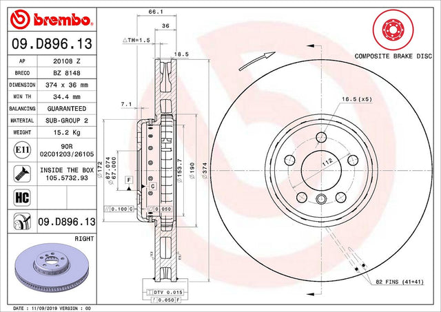 Product of Brembo 09D89613C02 Vented 1 Piece Brake Rotor 