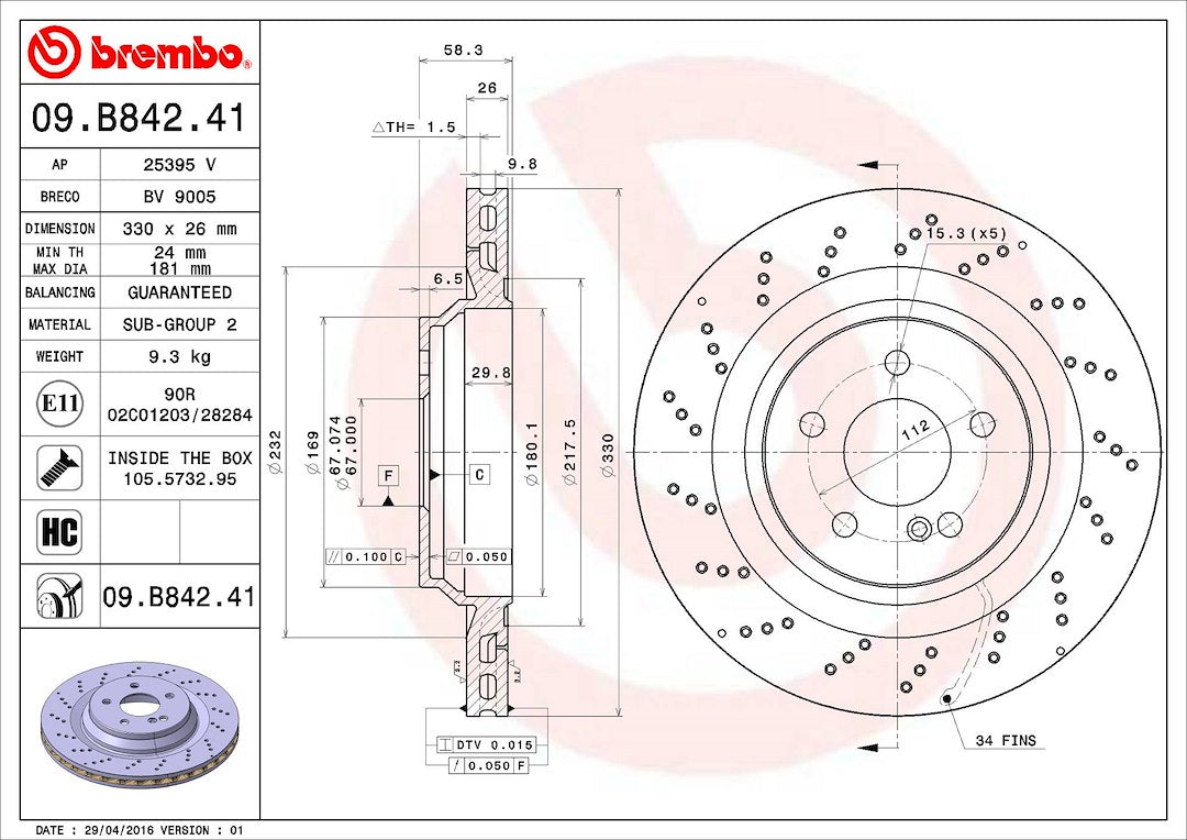 Product of Brembo 09B84241C02 Vented Cross Drilled 1 Piece Brake Rotor 