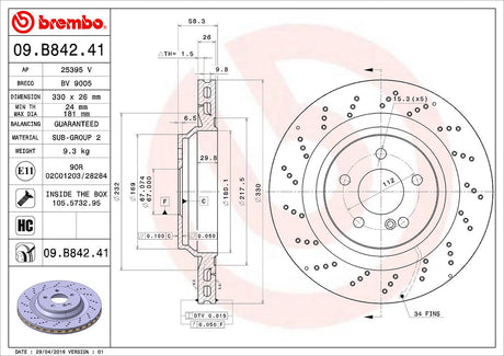 Product of Brembo 09B84241C02 Vented Cross Drilled 1 Piece Brake Rotor 