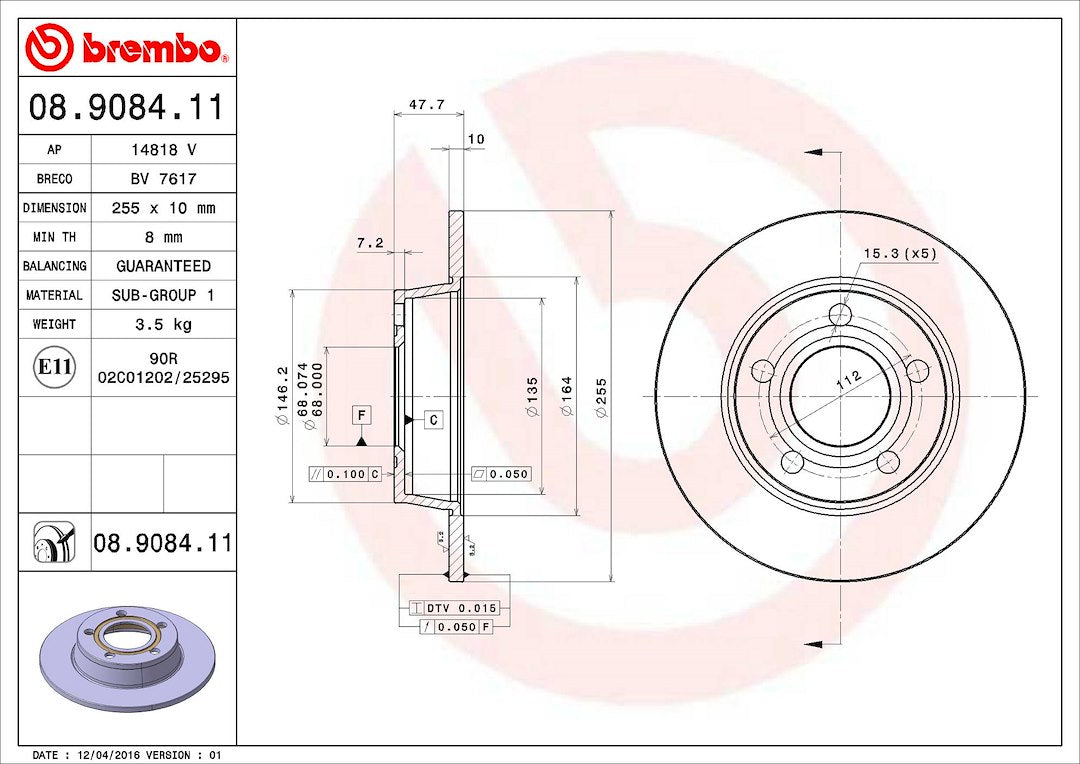 Product of Brembo 08908411C02 Solid 1 Piece Brake Rotor 
