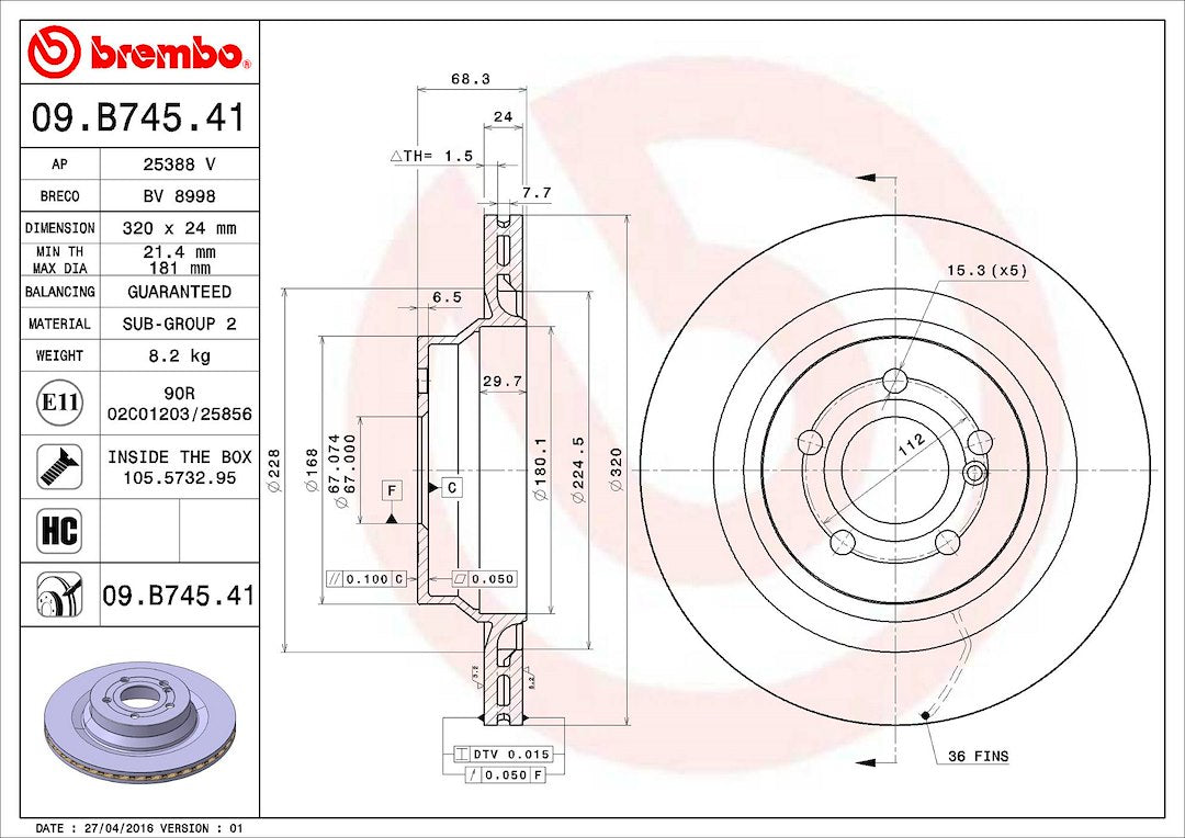 Product of Brembo 09B74541C02 Vented 1 Piece Brake Rotor 