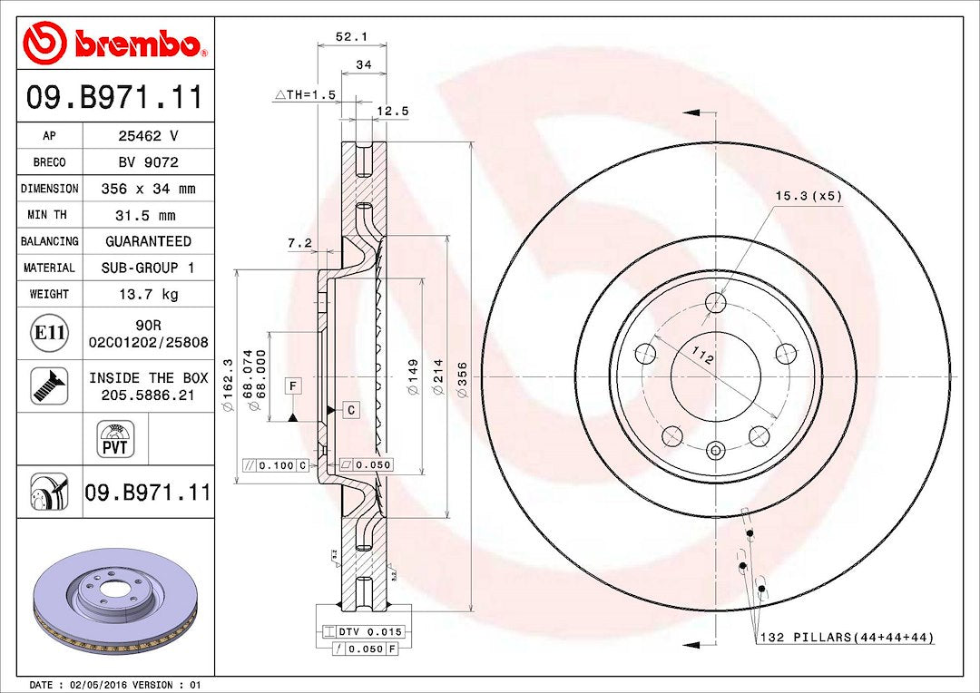 Product of Brembo 09B97111C02 Vented 1 Piece Brake Rotor 