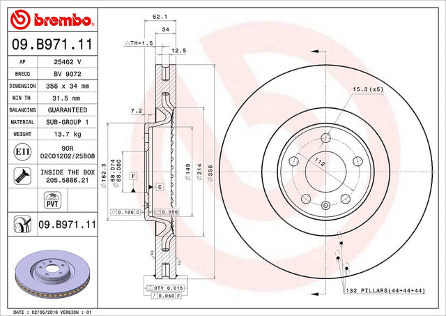 Product of Brembo 09B97111C02 Vented 1 Piece Brake Rotor 