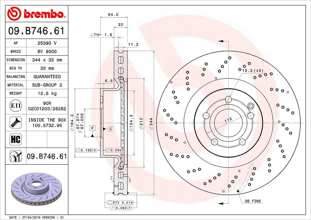 Product of Brembo 09B74661C02 Vented Cross Drilled 1 Piece Brake Rotor 