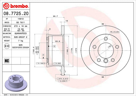Product of Brembo 08772520C02 Solid 1 Piece Brake Rotor 