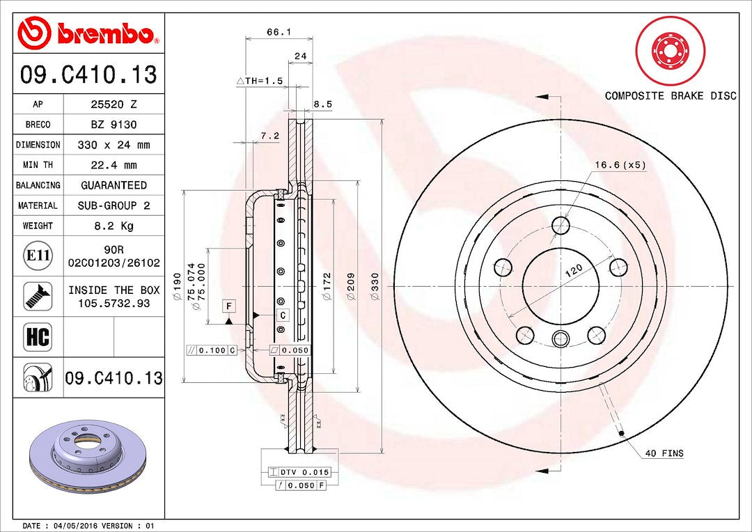 Product of Brembo 09C41013C02 Vented 1 Piece Brake Rotor 