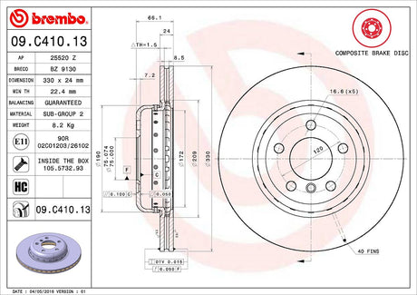 Product of Brembo 09C41013C02 Vented 1 Piece Brake Rotor 