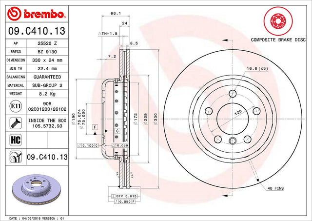 Product of Brembo 09C41013C02 Vented 1 Piece Brake Rotor 