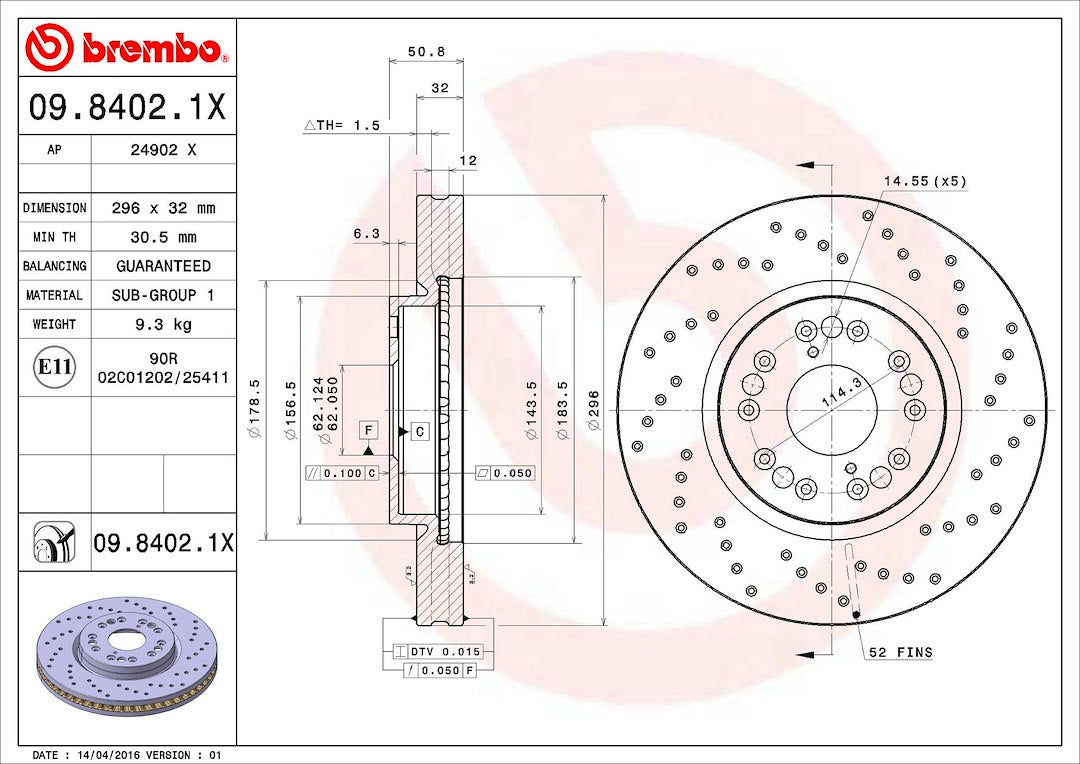Product of Brembo 0984021XC02 Xtra Vented Cross Drilled 1 Piece Brake Rotor 