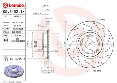 Product of Brembo 0984021XC02 Xtra Vented Cross Drilled 1 Piece Brake Rotor 