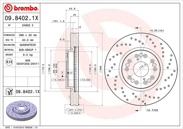 Product of Brembo 0984021XC02 Xtra Vented Cross Drilled 1 Piece Brake Rotor 