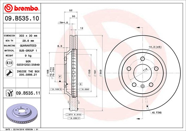 Product of Brembo 09B53511C02 Vented 1 Piece Brake Rotor 