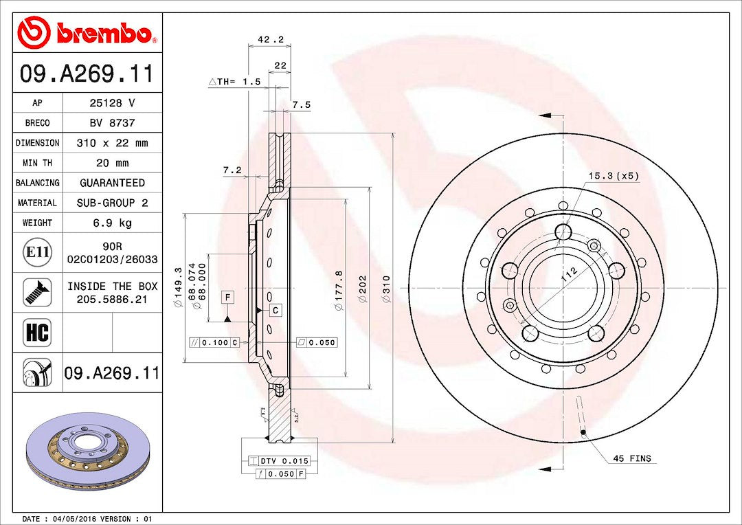 Product of Brembo 09A26911C02 Vented 1 Piece Brake Rotor 