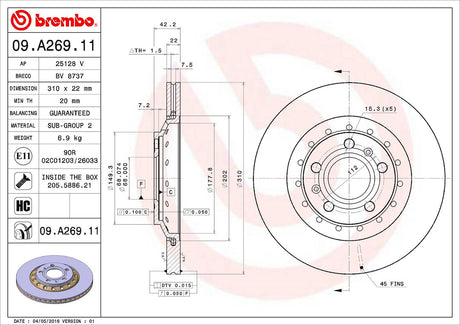 Product of Brembo 09A26911C02 Vented 1 Piece Brake Rotor 