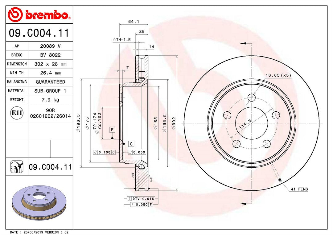 Product of Brembo 09C00411C02 Vented 1 Piece Brake Rotor 