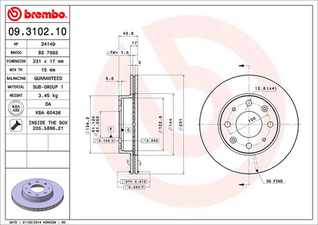 Product of Brembo 09310210C02 Vented 1 Piece Brake Rotor 