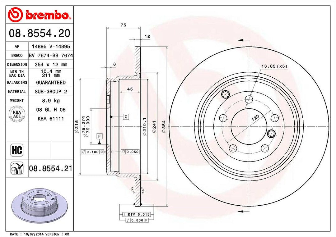 Product of Brembo 08855421C02 Solid 1 Piece Brake Rotor 