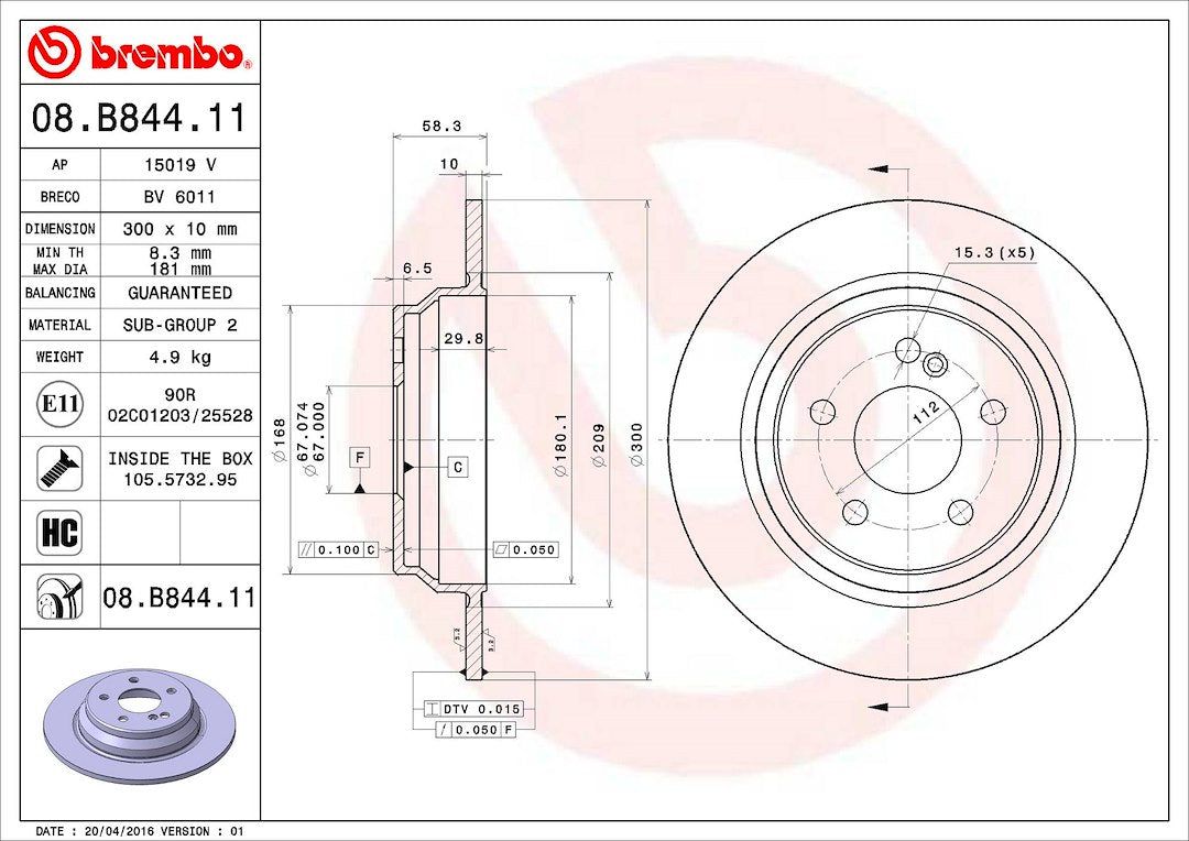 Product of Brembo 08B84411C02 Solid 1 Piece Brake Rotor 