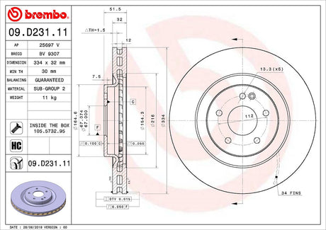 Product of Brembo 09D23111C02 Vented 1 Piece Brake Rotor 