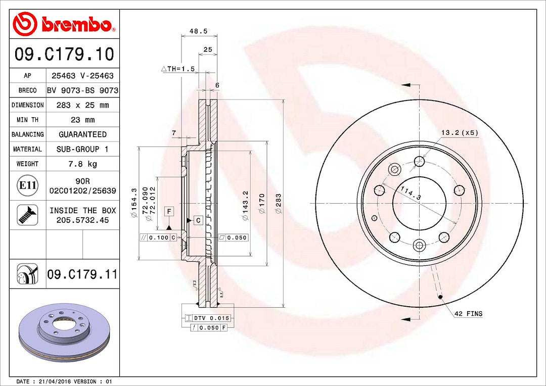 Product of Brembo 09C17911C02 Vented 1 Piece Brake Rotor 