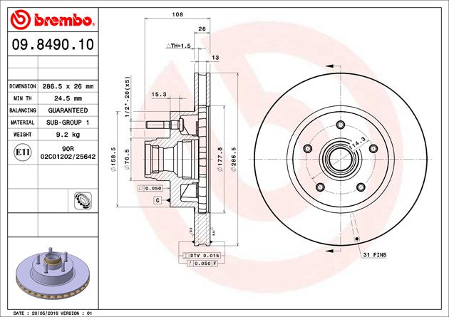 Product of Brembo 09849010C02 Vented 1 Piece Brake Rotor 