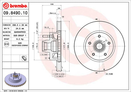 Product of Brembo 09849010C02 Vented 1 Piece Brake Rotor 