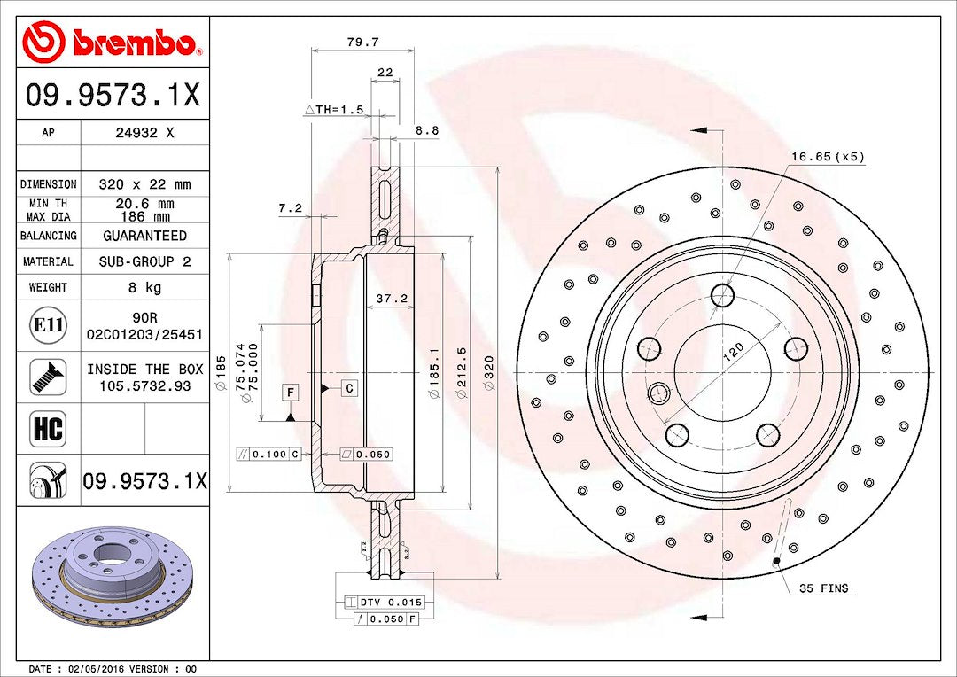Product of Brembo 0995731XC02 Xtra Vented Cross Drilled 1 Piece Brake Rotor 