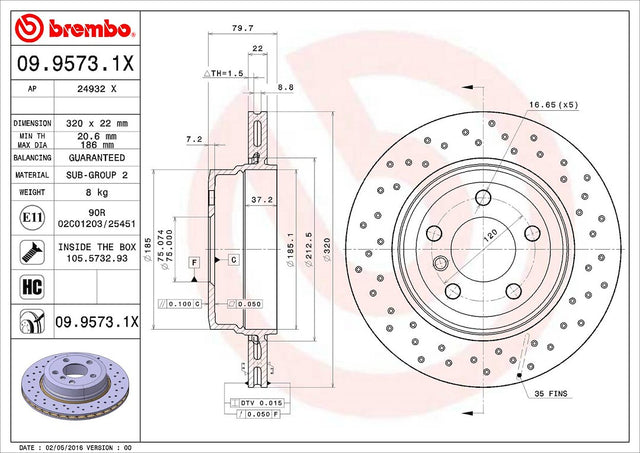 Product of Brembo 0995731XC02 Xtra Vented Cross Drilled 1 Piece Brake Rotor 