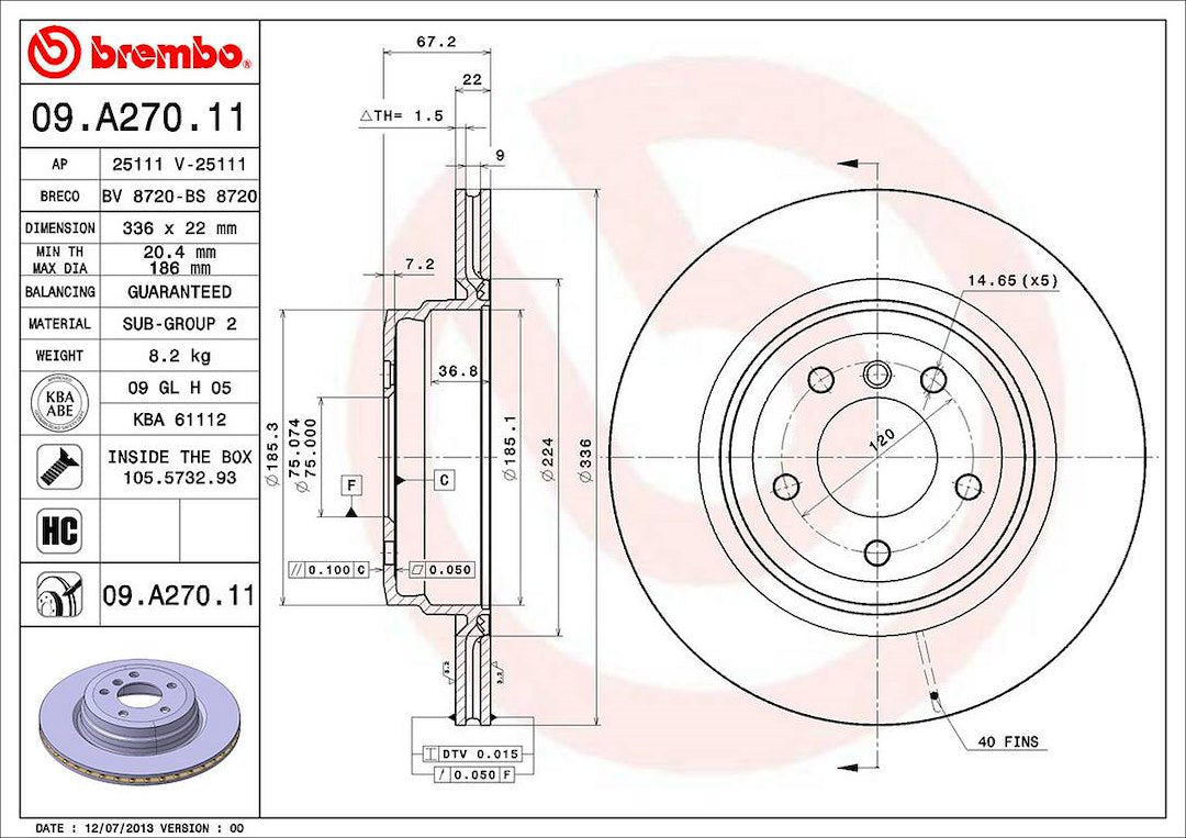 Product of Brembo 09A27011C02 Vented 1 Piece Brake Rotor 