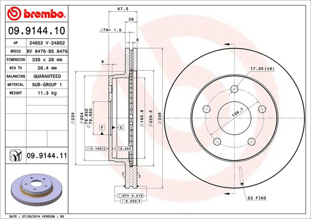 Product of Brembo 09914411C02 Vented 1 Piece Brake Rotor 