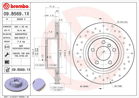 Product of Brembo 09B5691XC02 Xtra Vented Cross Drilled 1 Piece Brake Rotor 