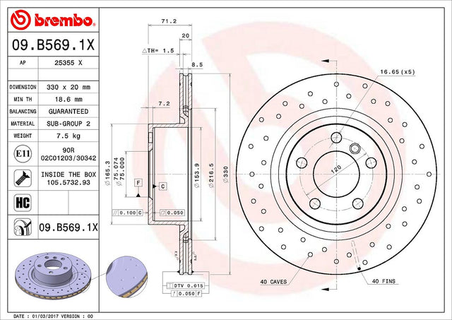 Product of Brembo 09B5691XC02 Xtra Vented Cross Drilled 1 Piece Brake Rotor 