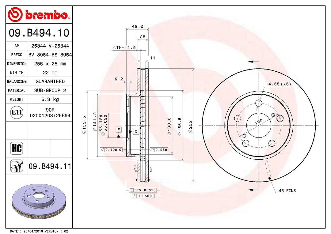 Product of Brembo 09B49411C02 Vented 1 Piece Brake Rotor 
