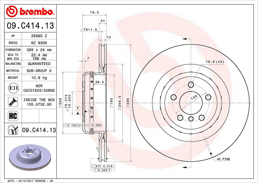 Product of Brembo 09C41413C02 Vented 1 Piece Brake Rotor 