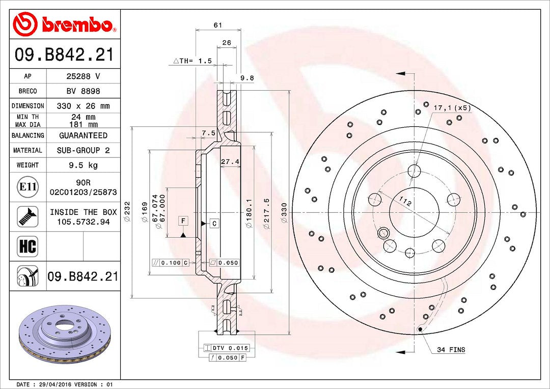 Product of Brembo 09B84221C02 Vented Cross Drilled 1 Piece Brake Rotor 