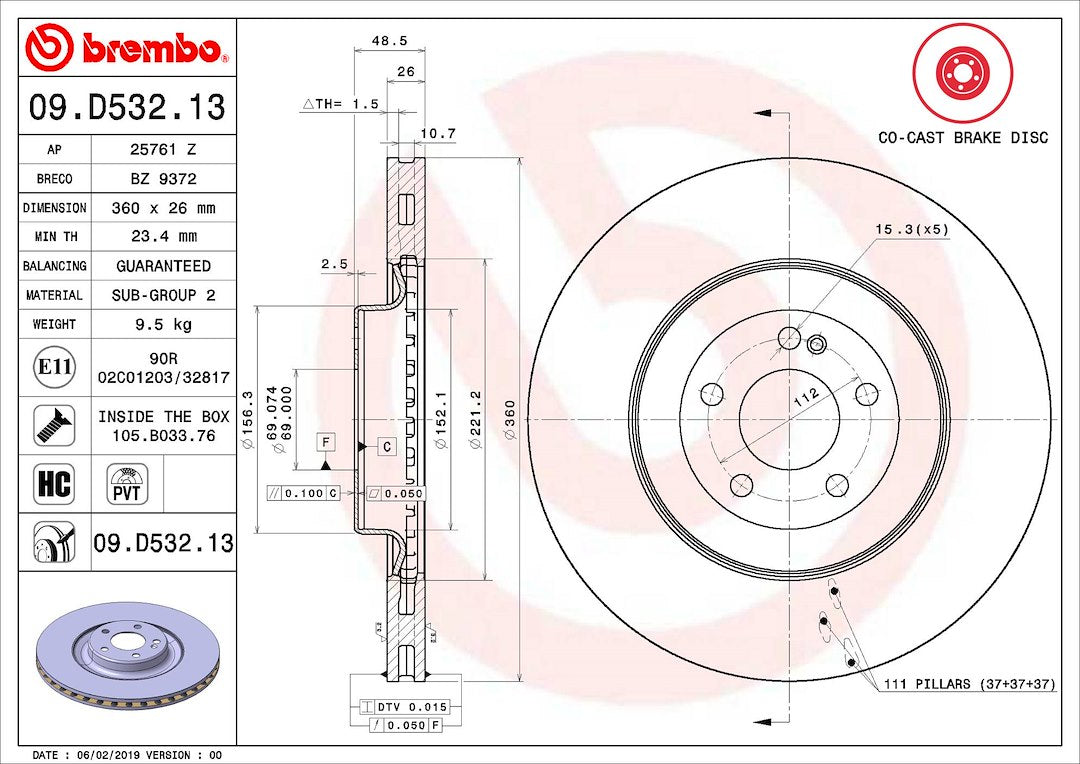 Product of Brembo 09D53213C02 Vented 1 Piece Brake Rotor 
