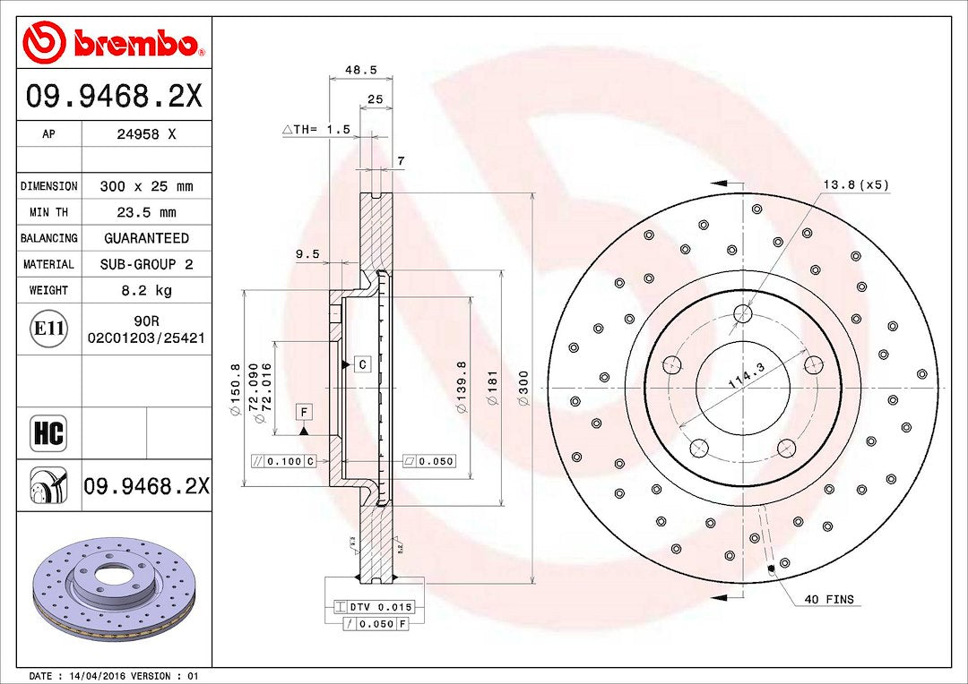 Product of Brembo 0994682XC02 Xtra Vented Cross Drilled 1 Piece Brake Rotor 