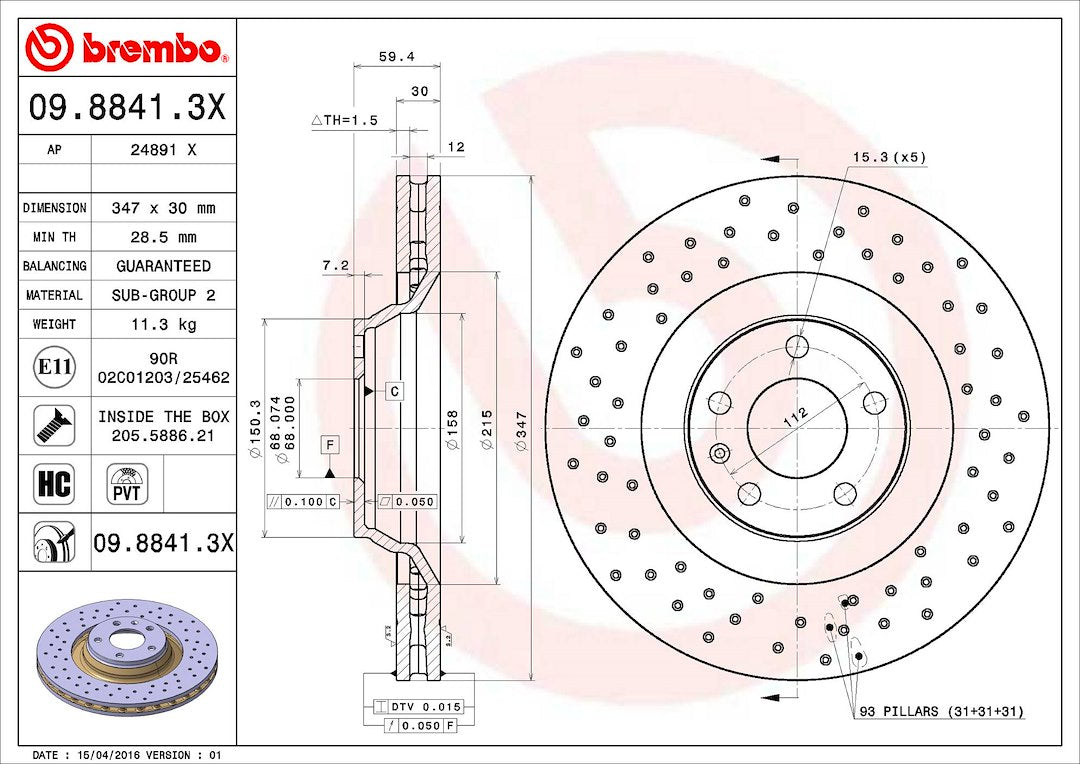 Product of Brembo 0988413XC02 Xtra Vented Cross Drilled 1 Piece Brake Rotor 