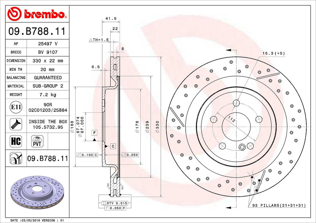 Product of Brembo 09B78811C02 Vented Cross Drilled 1 Piece Brake Rotor 